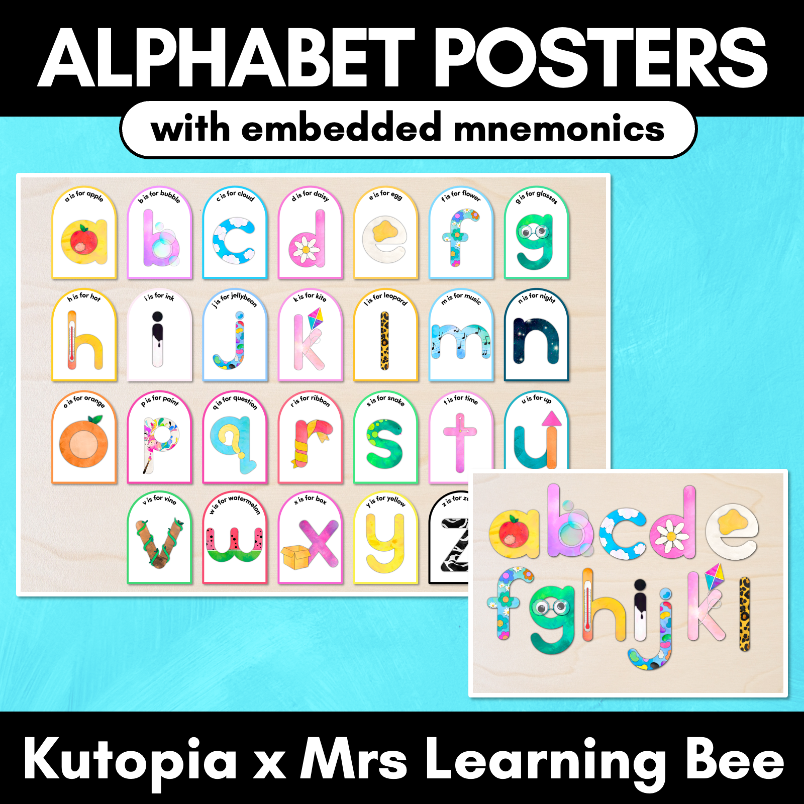 Alphabet Posters With Embedded Mnemonics Uppercase Lowercase Letters The Kutopia Collection Mrs Learning Bee