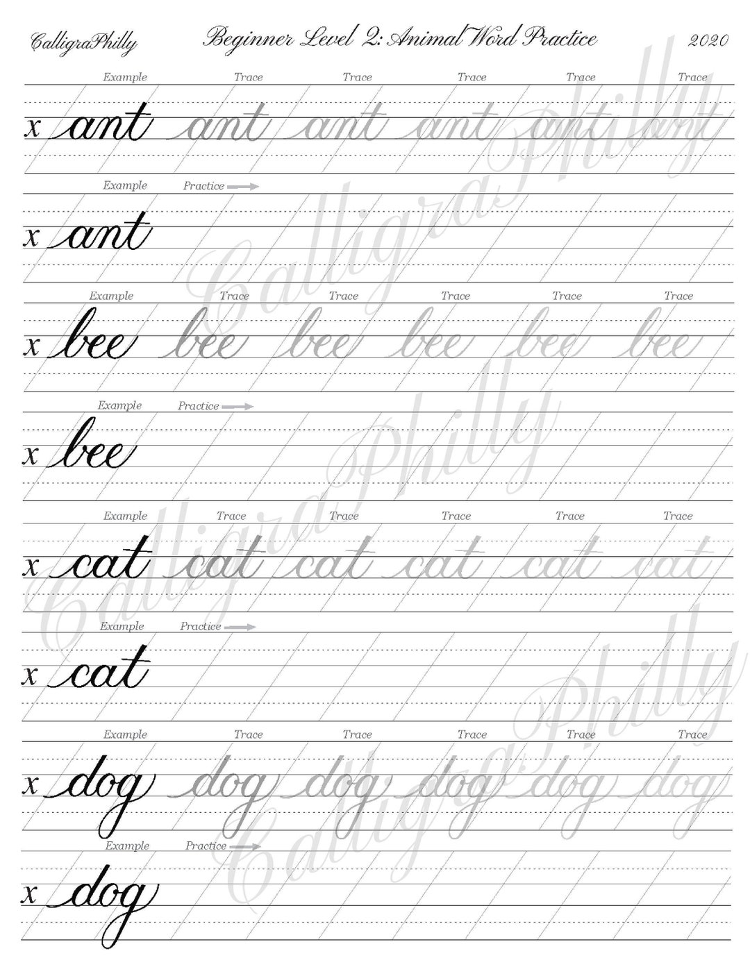 Beginner Level 2 Calligraphy Word Practice Worksheet Blank Practice Sheet Animal Theme Copperplate Calligraphy Digital Download Etsy UK