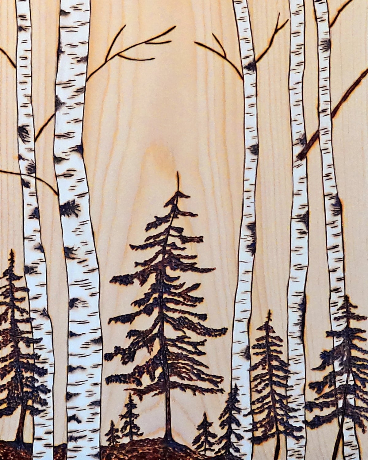 Birch Pine Tree Pyrography Landscape Print Printable Wall Decor Instant Download Original Design Art Etsy