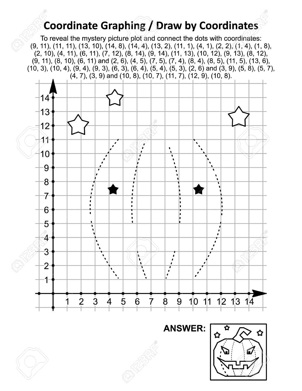 Coordinate Graphing Or Draw By Coordinates Math Worksheet With Halloween Pumpkin To Reveal The Mystery Picture Plot And Connect The Dots With Given Coordinates Answer Included Royalty Free SVG Cliparts Vectors And