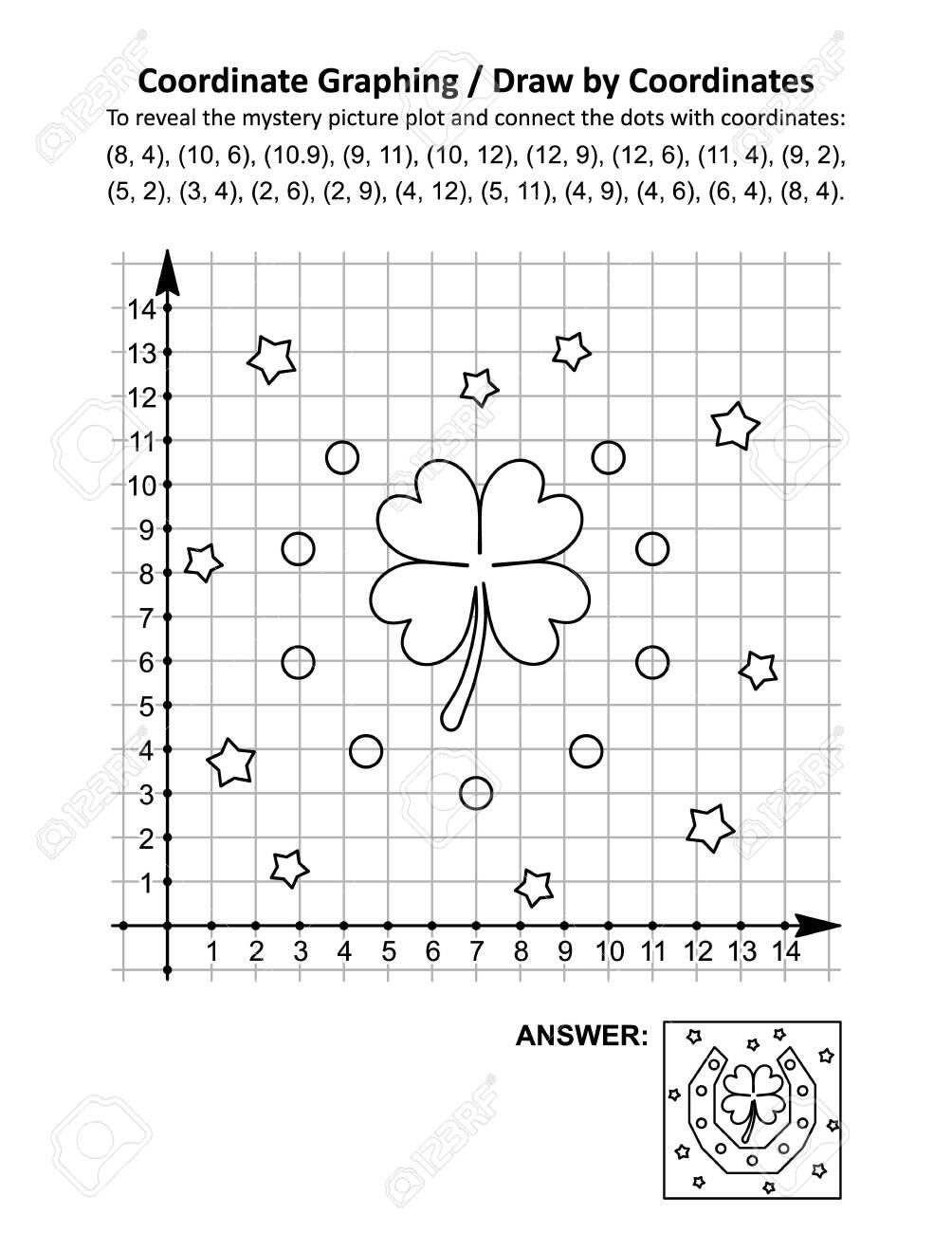 Coordinate Graphing Or Draw By Coordinates Math Worksheet With St Patrick s Day Mystery Picture Of Horseshoe And Clover Quatrefoil Leaf Symbols Of Luck Answer Included Royalty Free SVG Cliparts Vectors And Stock