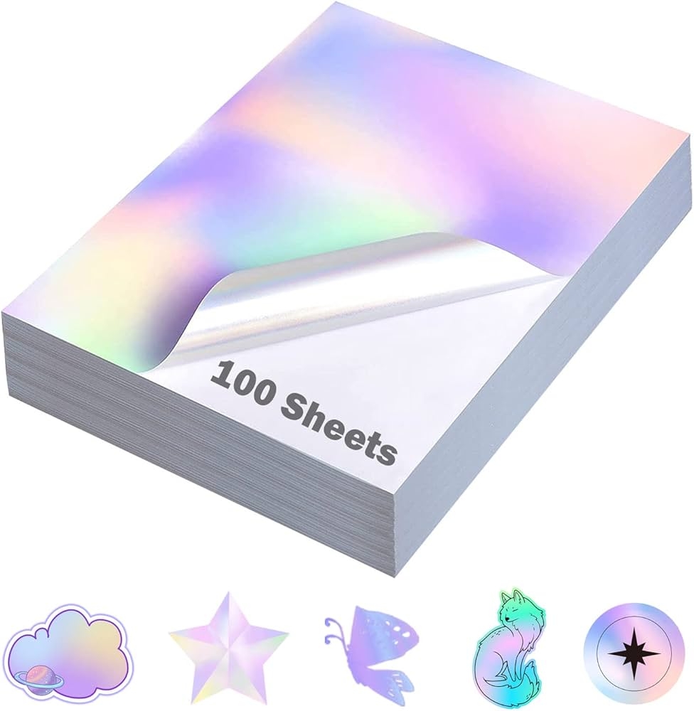 Holographic Sticker Paper 8 5x11 Inch Inkjet Laser Printer US Letter Size Holographic Printable Vinyl Rainbow Sticker Adhesive Waterproof Vinyl 100 Amazon de Stationery Office Supplies