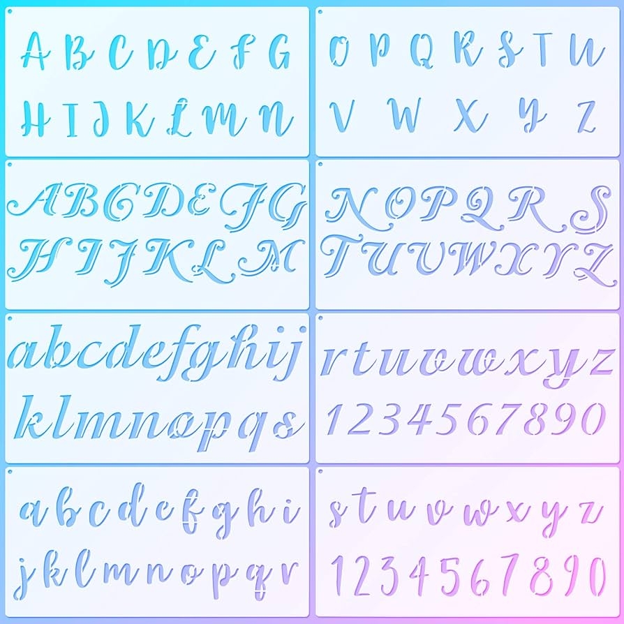 Pack Of 8 Calligraphy Letters Numbers Stencil Reusable Template Italic Alphabet Cake Stencils With Metal Open Ring For Cake Airbrush Art And Craft Painting 7 8 X 3 9 Inches Amazon de Home Kitchen