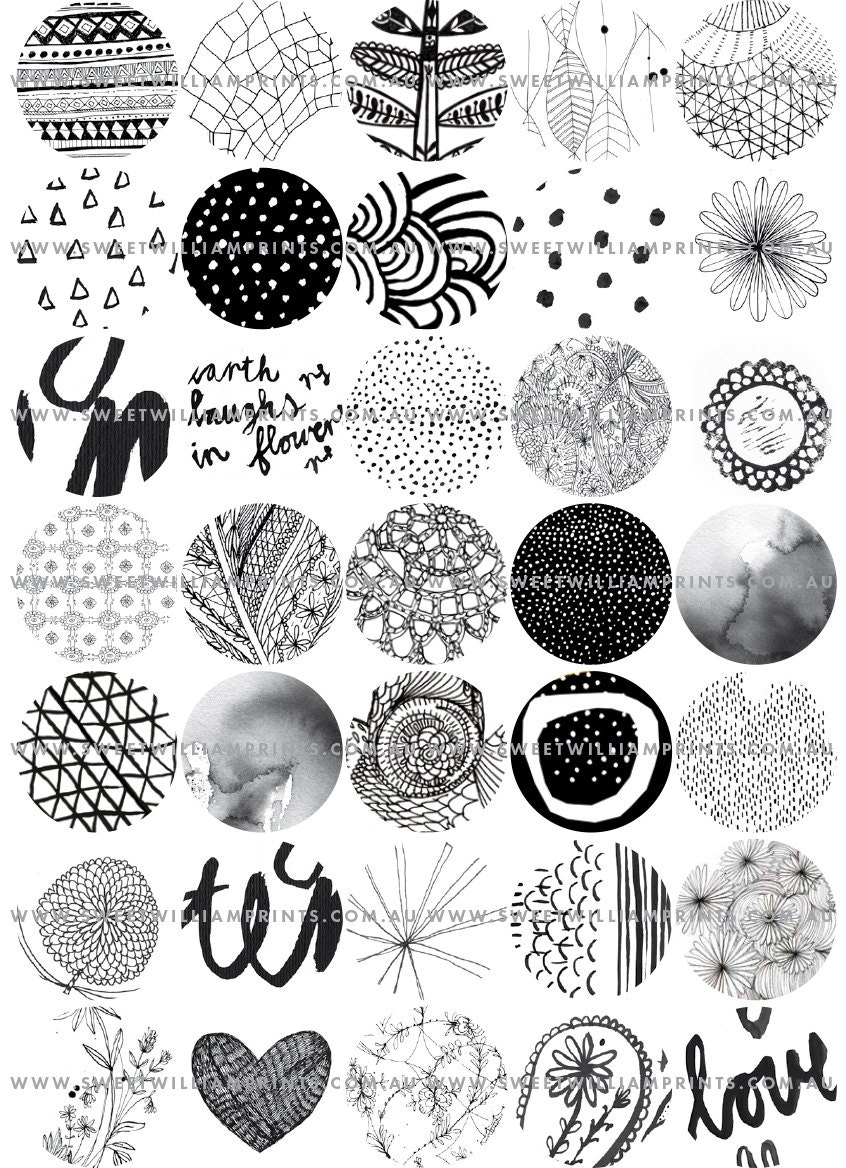 Printable Black And White Graphics 1 5 Inch Circles Digital Download Digital Scrapbook Junk Journal Digital Collage