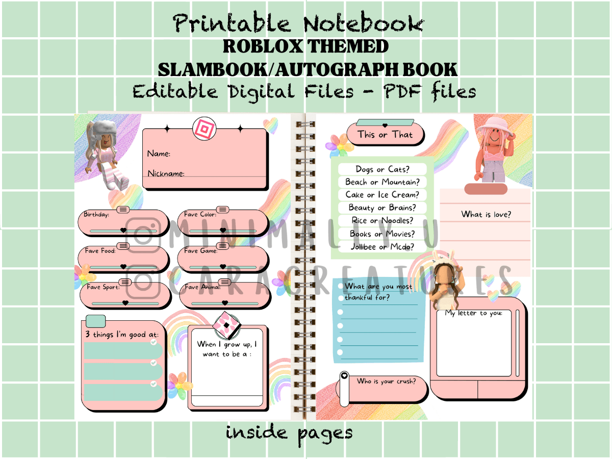 Roblox Themed Autograph Slambook Printable Digital File Template By Minimallyu Raket PH