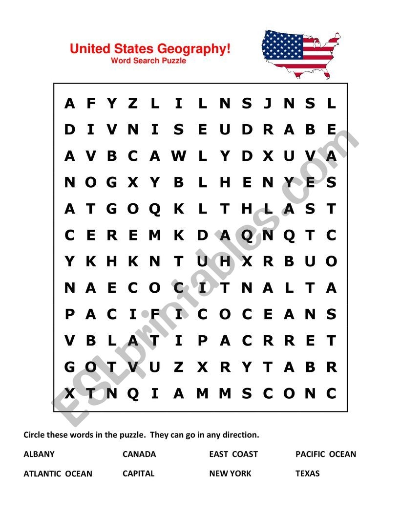 United States Geography Word Search Puzzle ESL Worksheet By RobinESL
