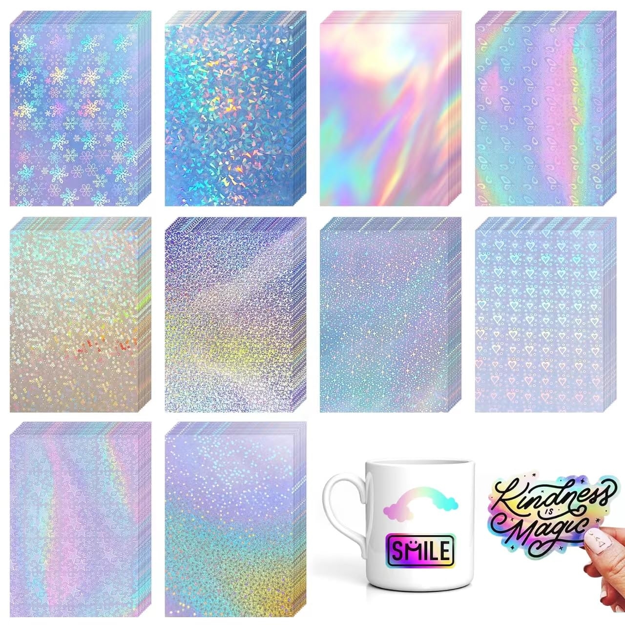 Amazon 100 Sheets Holographic Sticker Paper 8 3x11 7 Inch Clear Vinyl Self Adhesive Waterproof Rainbow Vinyl Sticker Paper Printable Transparent Holographic Laminate Film 10 Styles Arts Crafts Sewing