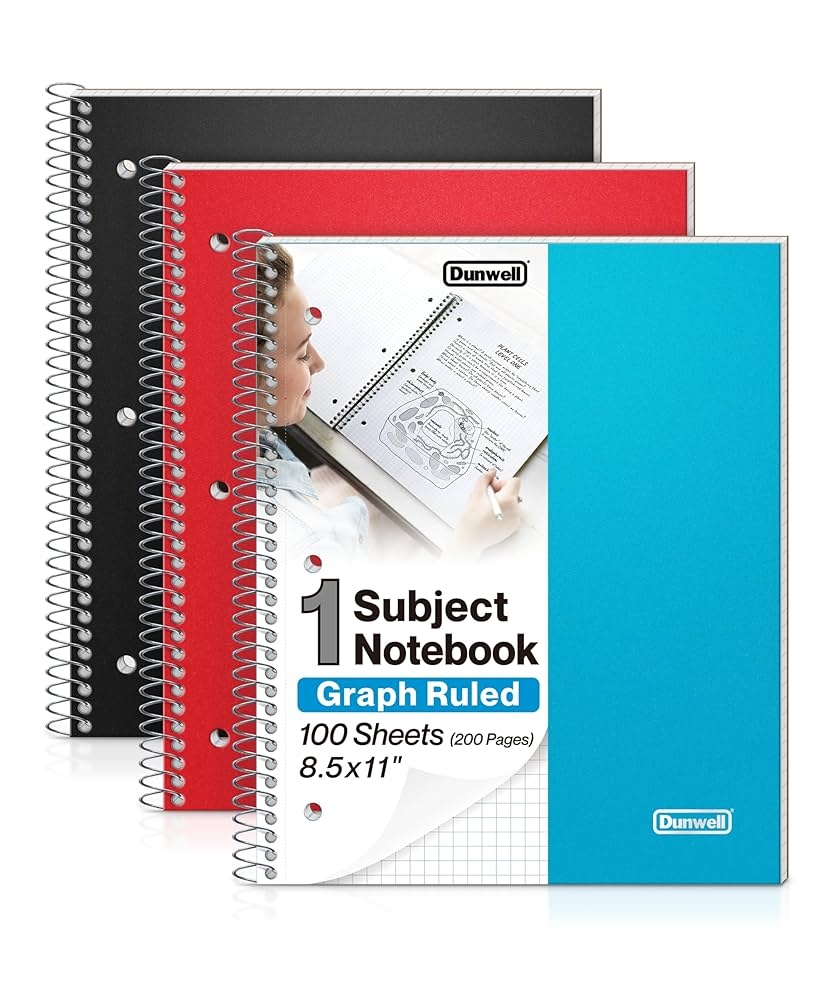Amazon Dunwell Graph Paper Notebook 8 5 X 11 3 Pack Red Blue Black Plastic Cover 100 Sheets 200 Pages Perforated 3 Hole Punched 4x4 Squares Spiral Notebook 1 4 Grid Divider With Pockets Office Products