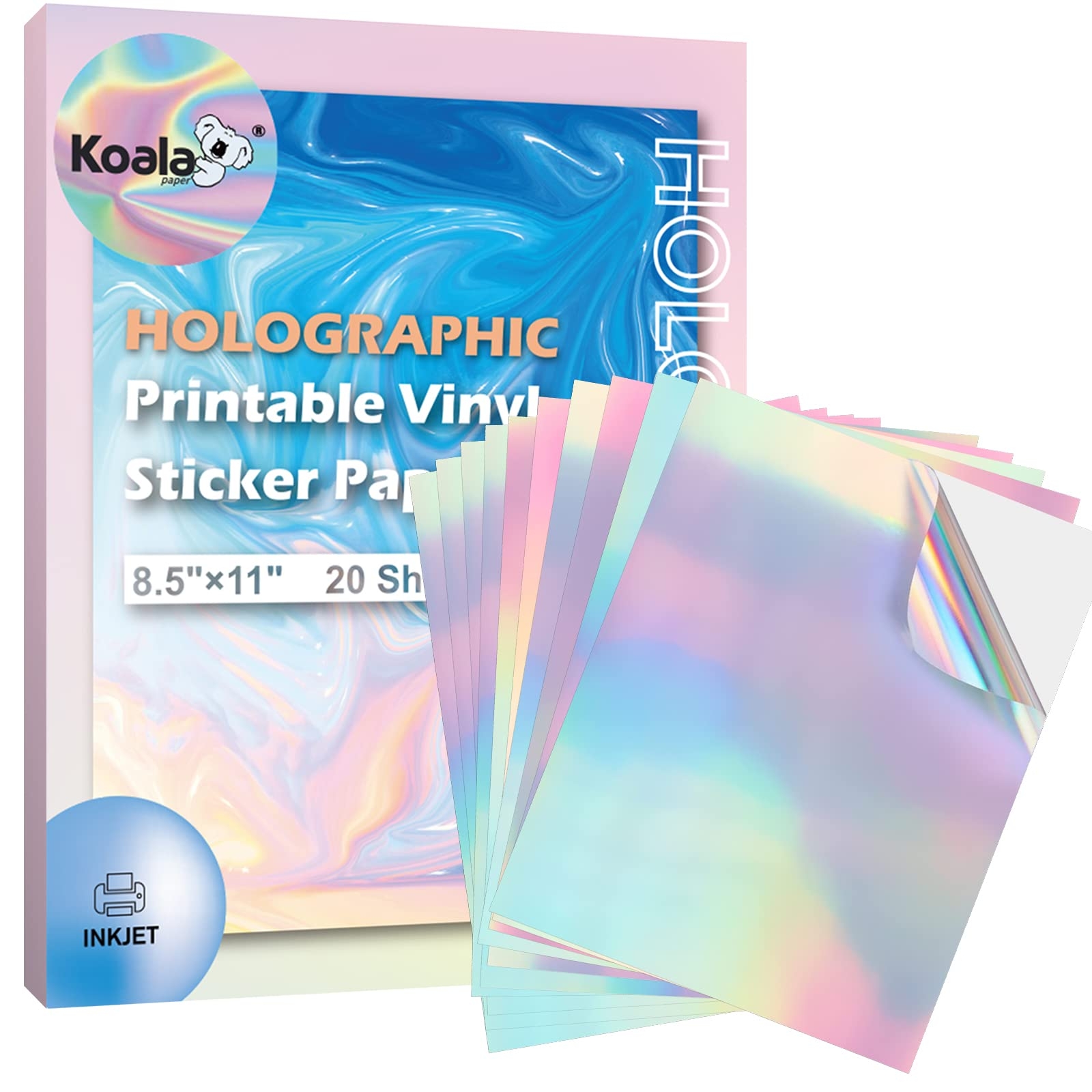 Amazon Koala Holographic Sticker Paper For Inkjet Printer 20 Sheets 8 5x11 Inch Rainbow Printable Vinyl Sticker Paper Waterproof Vivid Color Tear Resistant Office Products
