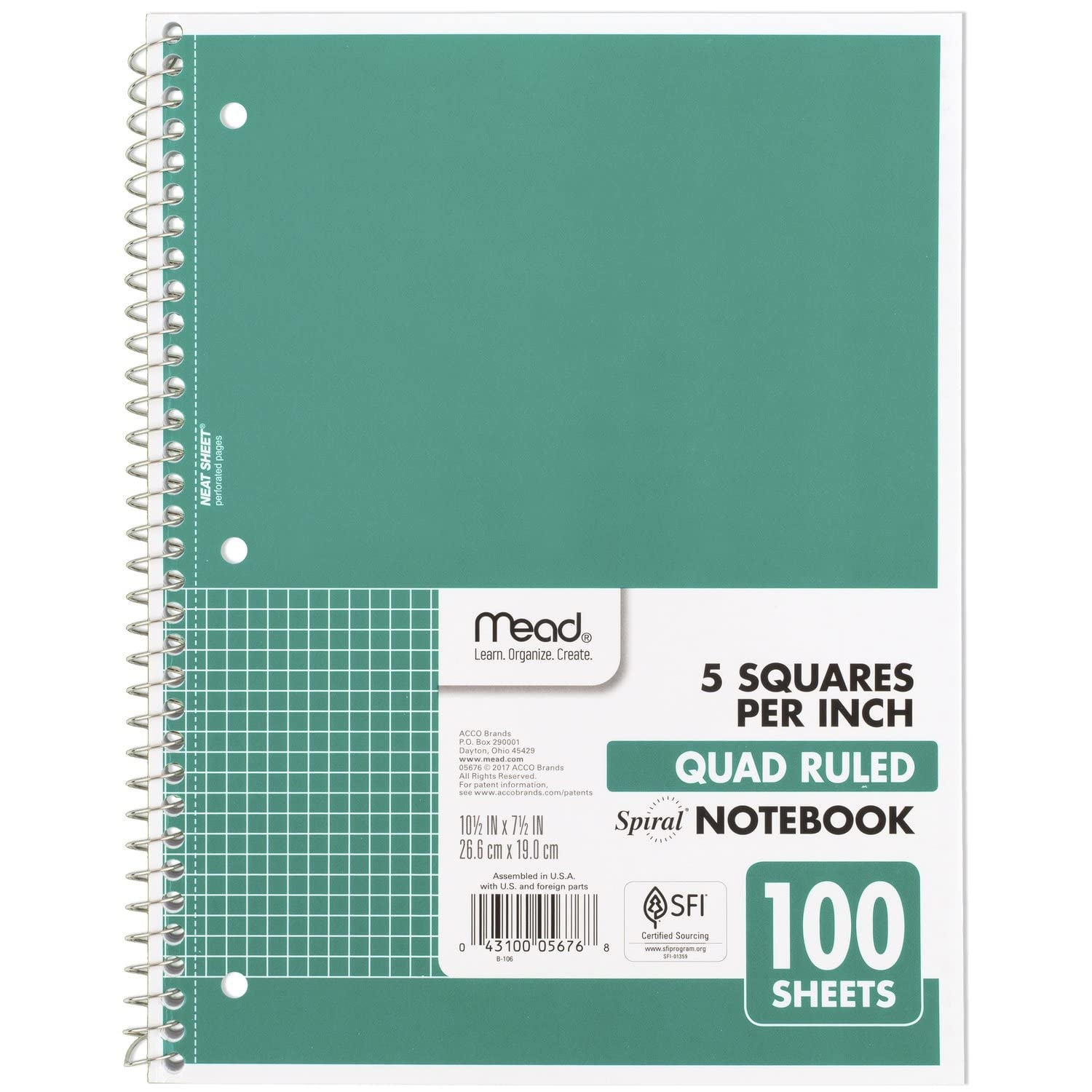 Amazon Mead Spiral Notebook 1 Subject Graph Ruled Paper 7 1 2 X 10 1 2 100 Sheets Green 05676AC5 Office Products
