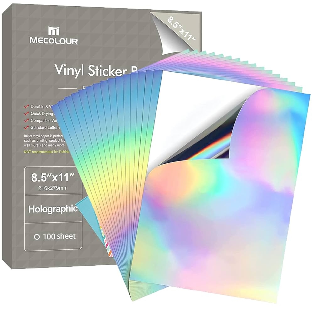 Amazon MECOLOUR Holographic Sticker Paper 8 5 11 Printable Premium Rainbow Vinyl Waterproof Dries Quickly Vivid Colors Holds Ink Well Tear Resistant for Inkjet Printer 100 SHEETS Office Products