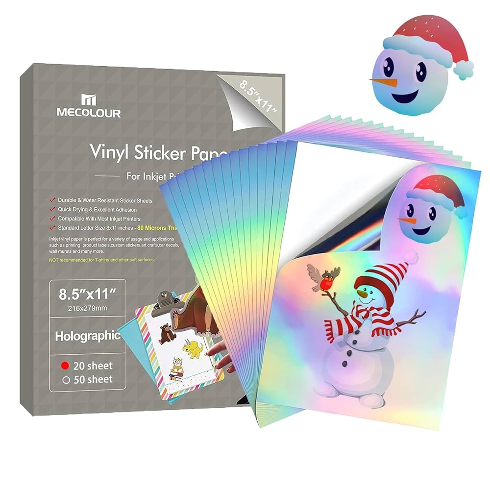 Amazon MECOLOUR Holographic Sticker Paper 8 5 11 Printable Premium Rainbow Vinyl Waterproof Dries Quickly Vivid Colors Holds Ink Well Tear Resistant for Inkjet Printer 20 SHEETS Office Products