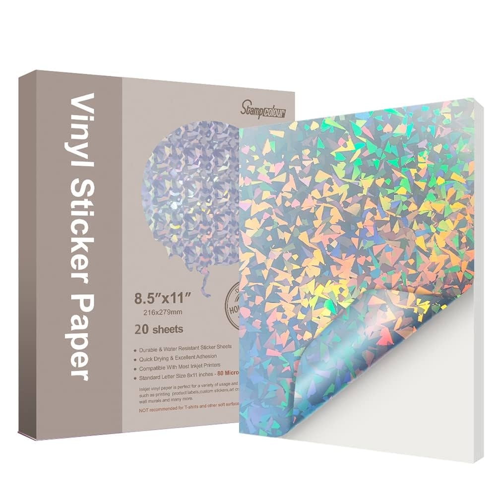 Amazon Printable Vinyl Sticker Paper 20 Sheets Holographic Waterproof Decal Paper Self Adhesive Labels Crafts Dries Quickly Tear Resistant for Any Epson HP Canon Sawgrass Inkjet Printer Diamond Office Products