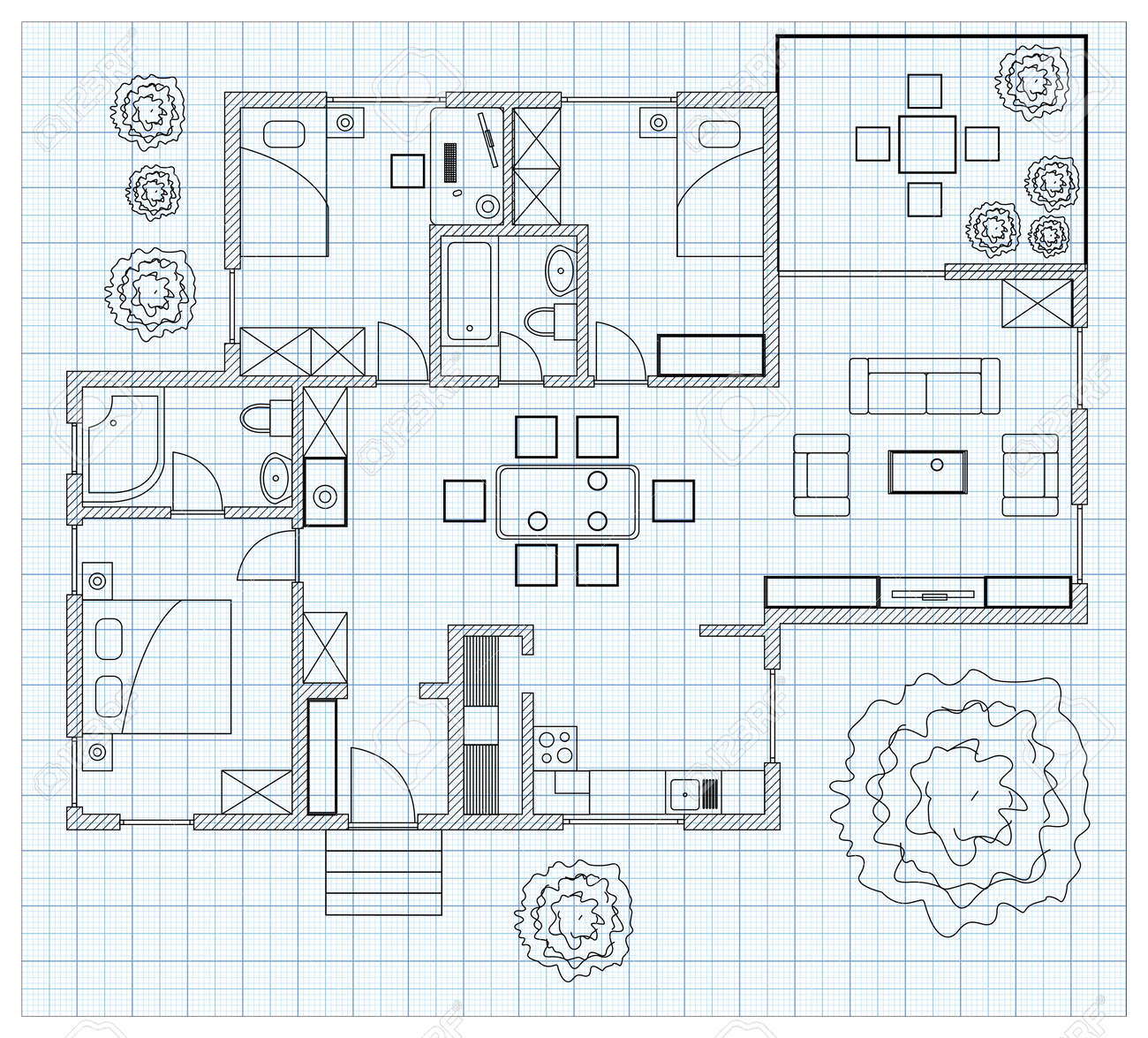 Black And White Floor Plan Sketch Of A House On Millimeter Paper Royalty Free SVG Cliparts Vectors And Stock Illustration Image 180659027 