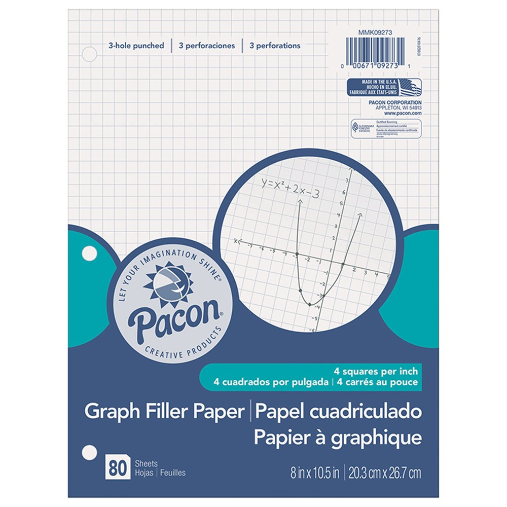 Graphing Paper White 3 Hole Punched 1 4 Quadrille Ruled 8 X 10 1 2 80 Sheets PACMMK09273 Dixon Ticonderoga Co Pacon Loose Leaf Paper