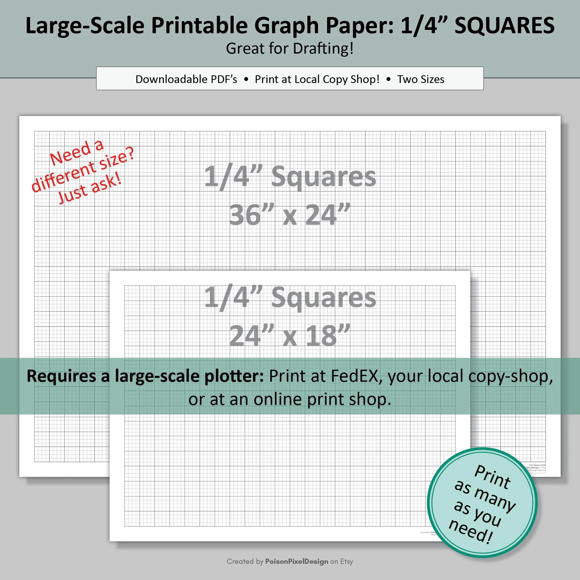 Large Scale Printable SQUARE Graph Paper 1 4 Square Grid 2 Paper Sizes 24x36 And 24x18 Oversized Square Grid Paper Quarter Inch Etsy