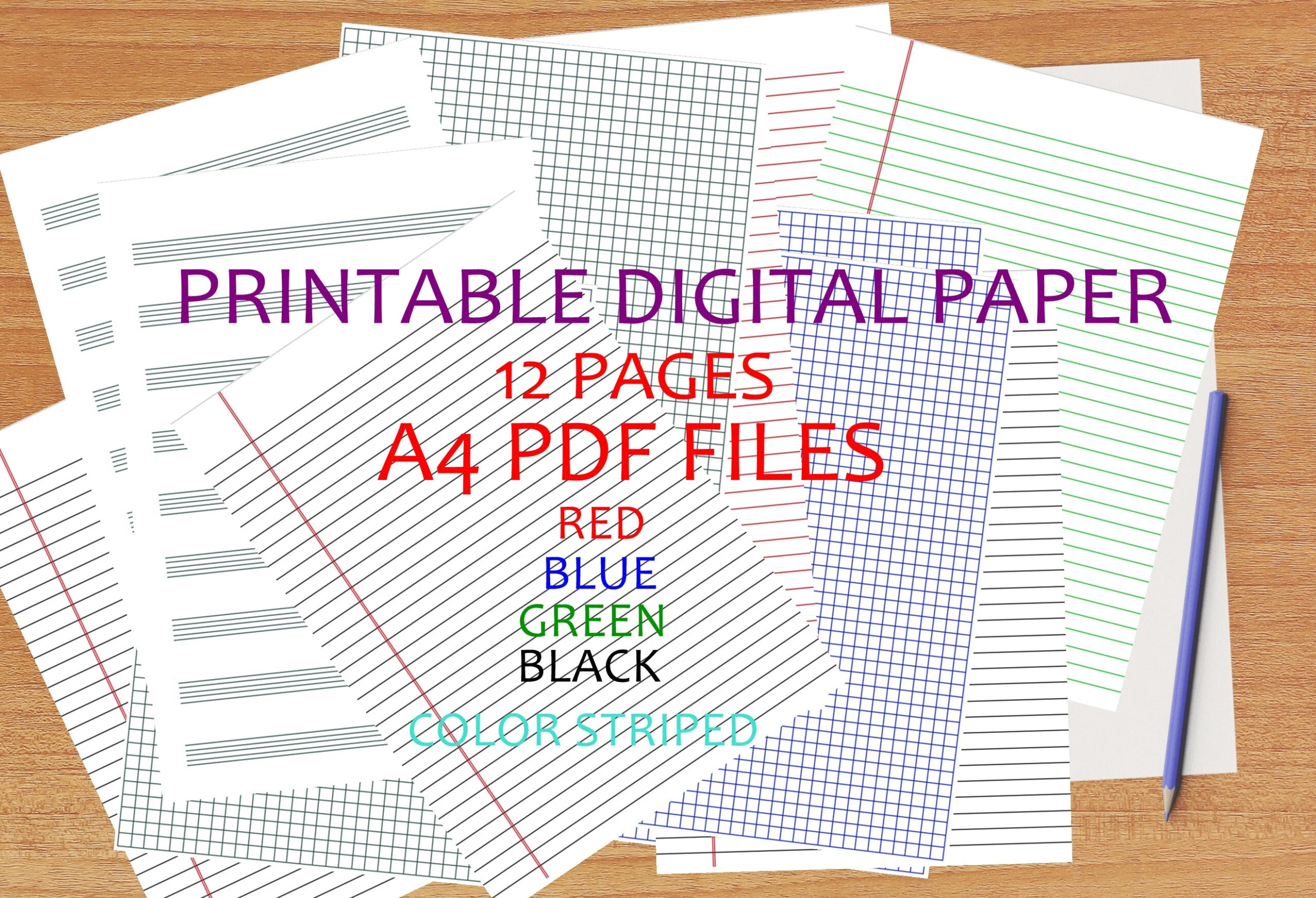 Printable Lined Paper Graph Paper PDF Grid Paper musical Note Paper black Red Blue Green Color A4 PDF Printable Paper Download Now Etsy