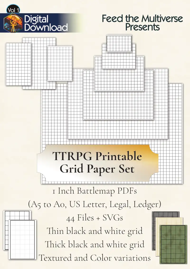TTRPG Printable Grid Paper Set 1 Inch Battle Map PDFs A5 To A0 US Letter Legal Ledger 44 Files SVGs Thin Thick Textured Color Feed The Multiverse DriveThruRPG